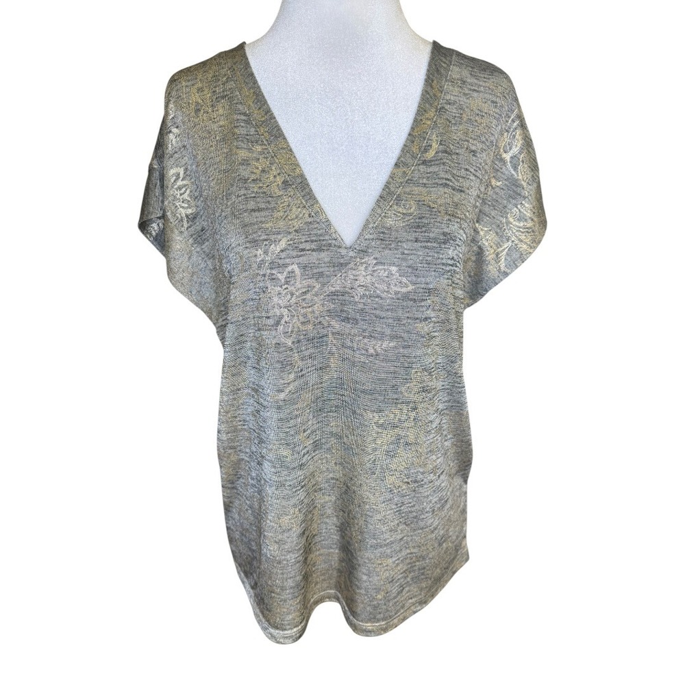 White‎ House Black Market Womens Grey Gold Floral Foil V-Neck Dolman Top Small